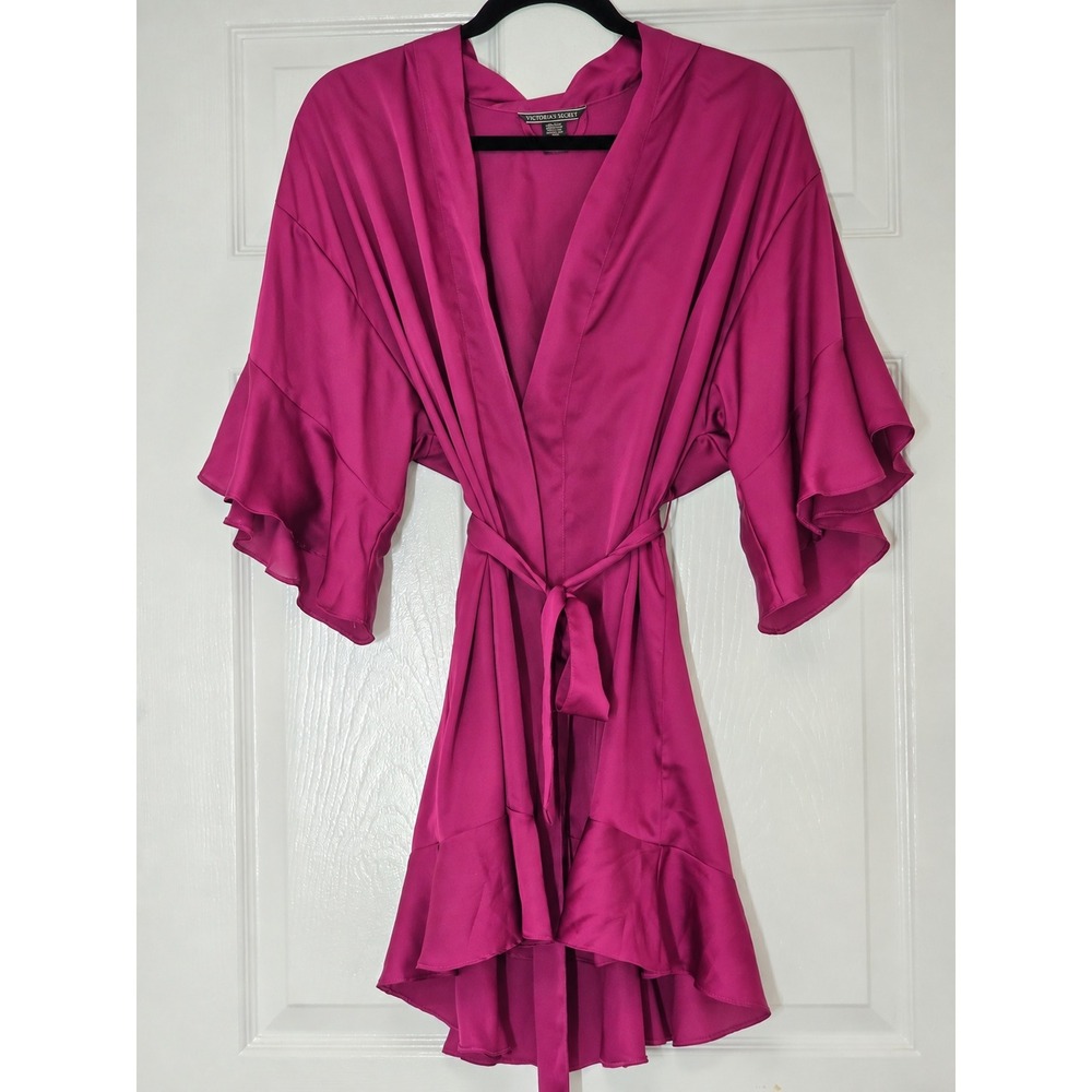 Victoria's Secret Magenta Flounce Satin Robe XS/S Pink Ruffle Belted Loungewear
